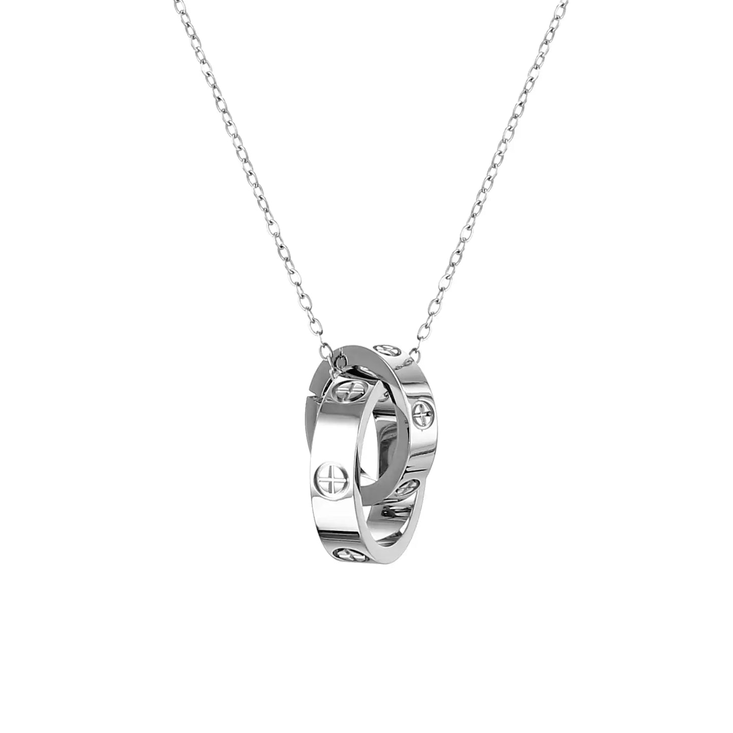 Elegant double ring pendant necklace in radiant silver, showcasing timeless design and modern elegance.