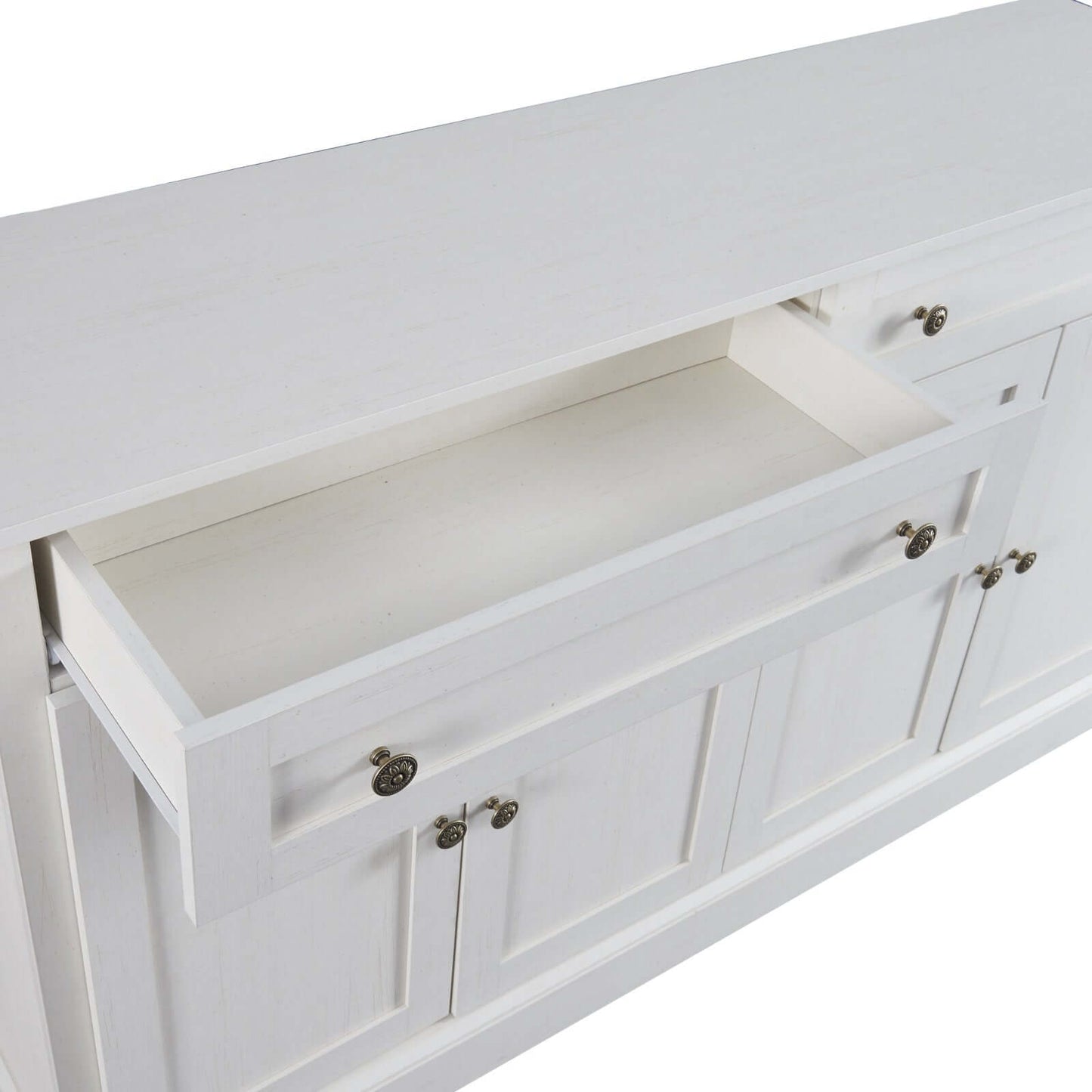 Close-up of TREXM Kitchen Sideboard Buffet showing open drawer in antique white finish.