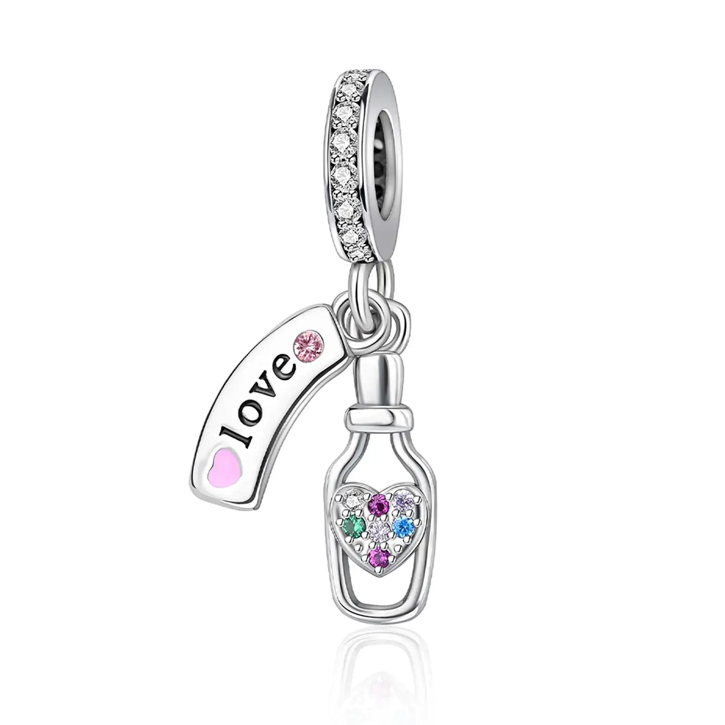 Silver charm bracelet pendant featuring a love bottle design with colorful gemstones, perfect women's jewelry gift.