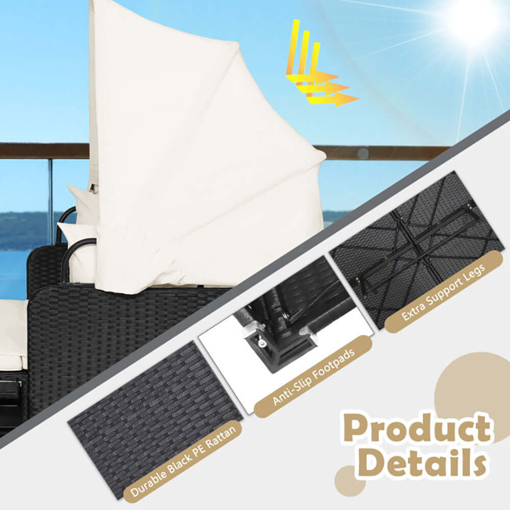 Patio Rattan Daybed features durable black PE rattan, anti-slip footpads, and extra support legs with a retractable canopy.