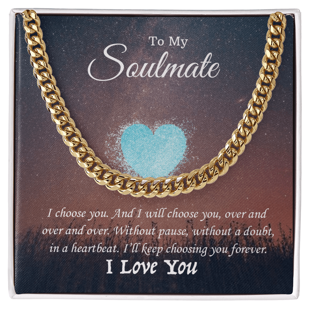 Cuban Link Chain necklace in polished gold, displayed with heartfelt soulmate message box.