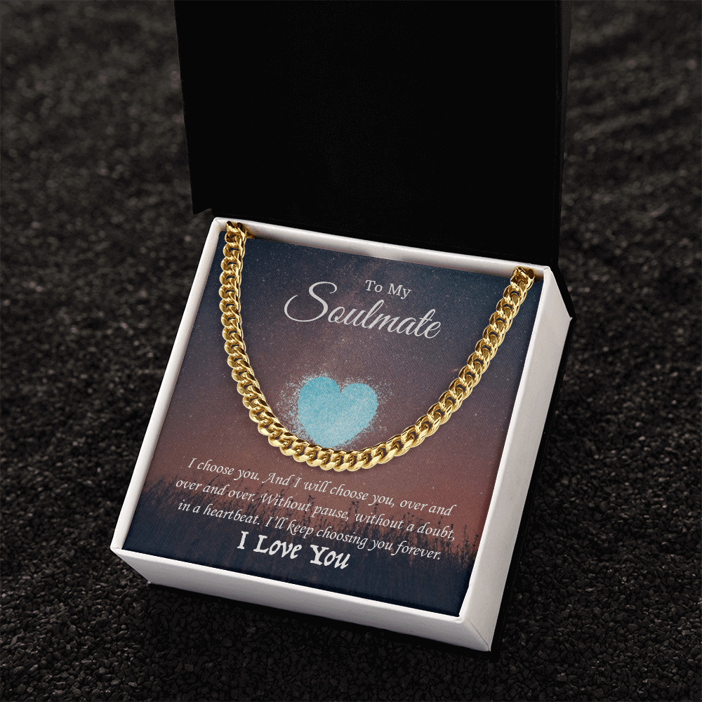 Gold Cuban Link Chain necklace in gift box with romantic soulmate message, perfect gift for special occasions.