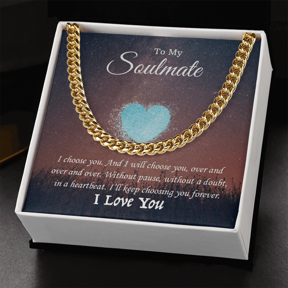 Elegant gold Cuban Link Chain necklace in a gift box with soulmate message, perfect for expressing love.