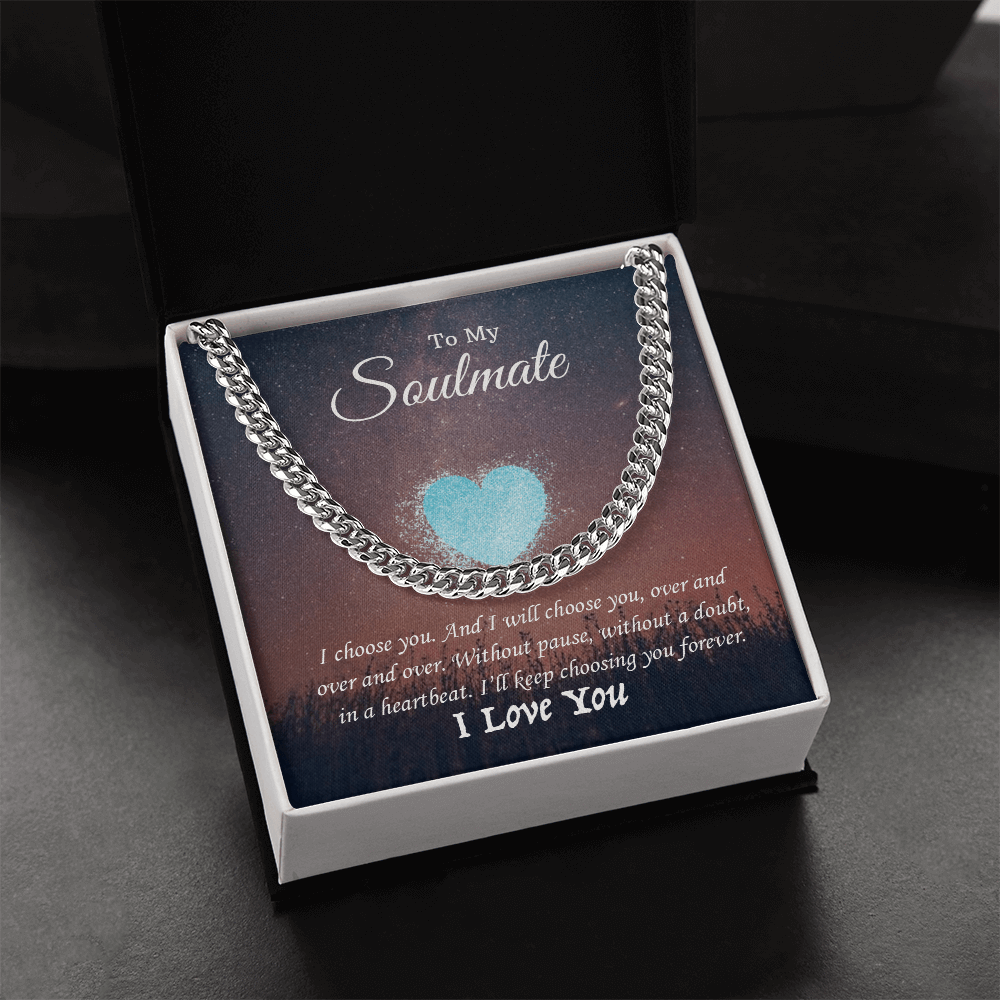 Cuban Link Chain necklace in gift box with heartfelt message for soulmate. Perfect romantic gift for any occasion.
