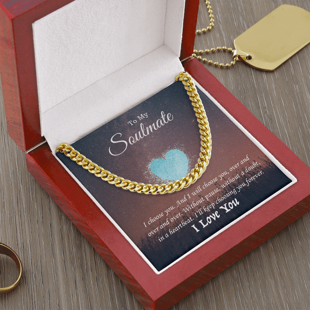 Gold Cuban Link Chain necklace in a gift box with heartfelt soulmate message card.