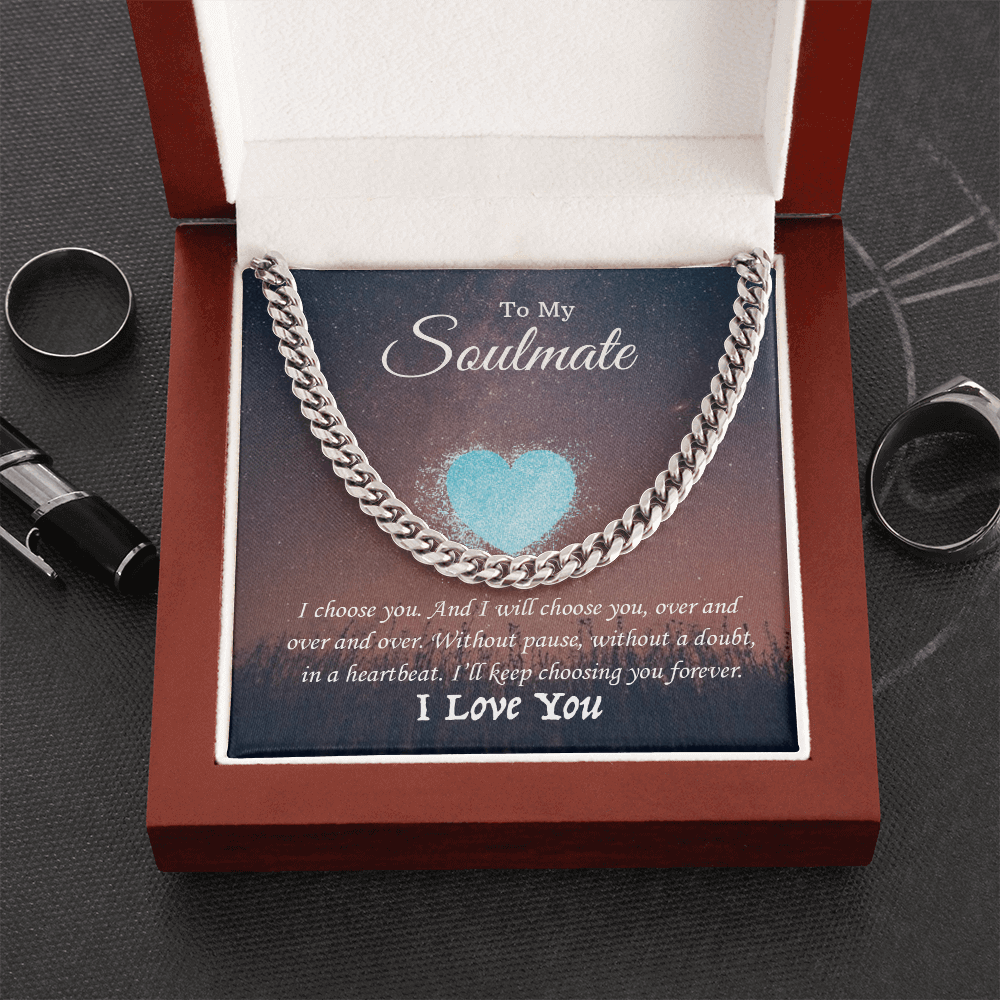 Cuban Link Chain necklace in a gift box with soulmate message, perfect for expressing love on special occasions.