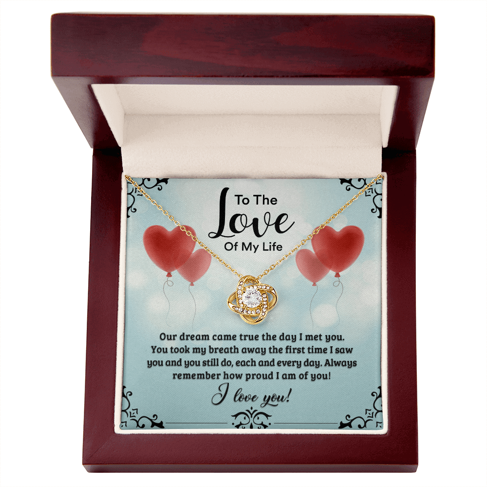 A heartfelt letter expressing love, featuring phrases like "To The Love Of My Life," and "I love you!" Decorated with a heart design, suitable for Valentine's Day.