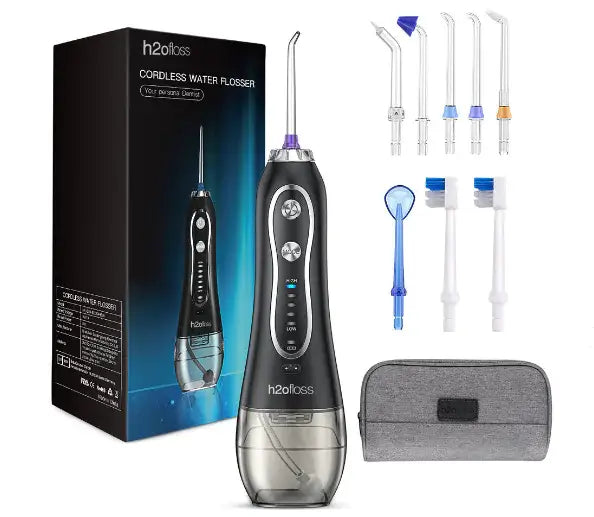 AquaFloss Cordless Water Flosser with nozzle fittings and travel case for effective oral hygiene on-the-go.