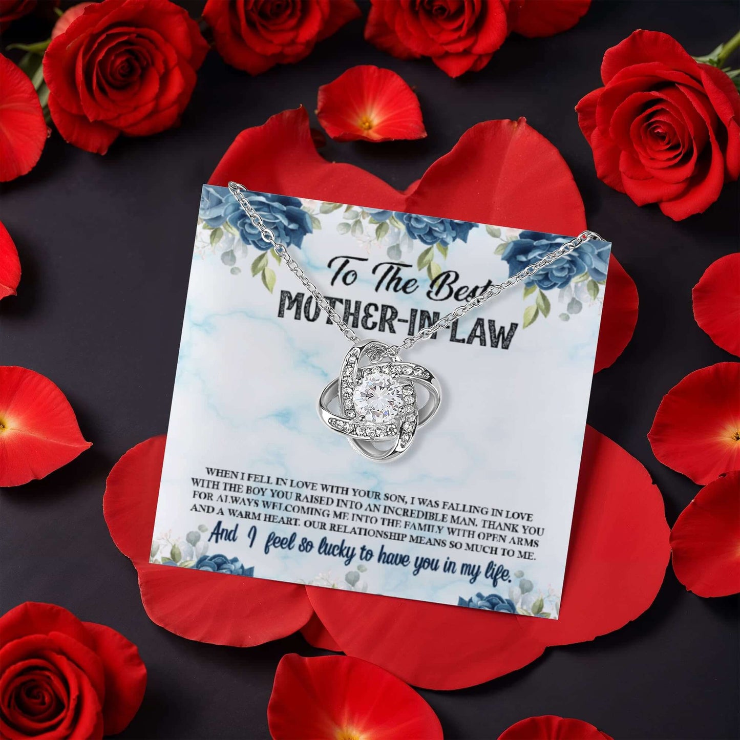Love Knot Necklace for Mother-in-Law with roses, symbolizing love and devotion, perfect gift for special occasions.