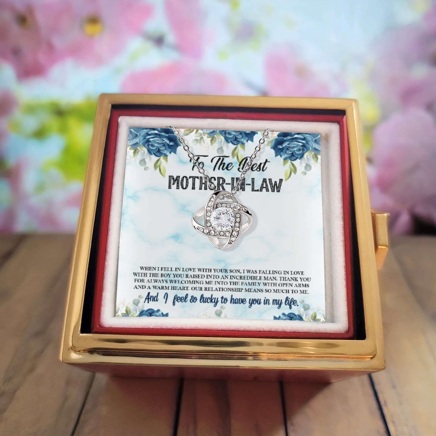Love Knot Necklace for Mother-in-Law in elegant box with heartfelt message and preserved rose.