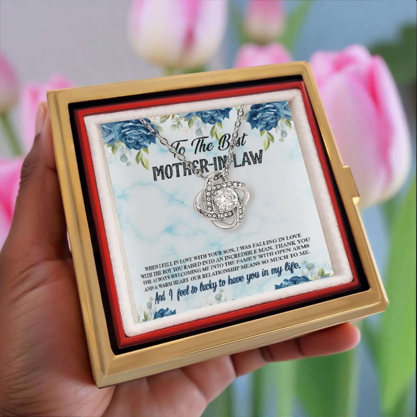 Elegant Love Knot Necklace in luxurious box for the best mother-in-law, featuring heartfelt message and timeless design.