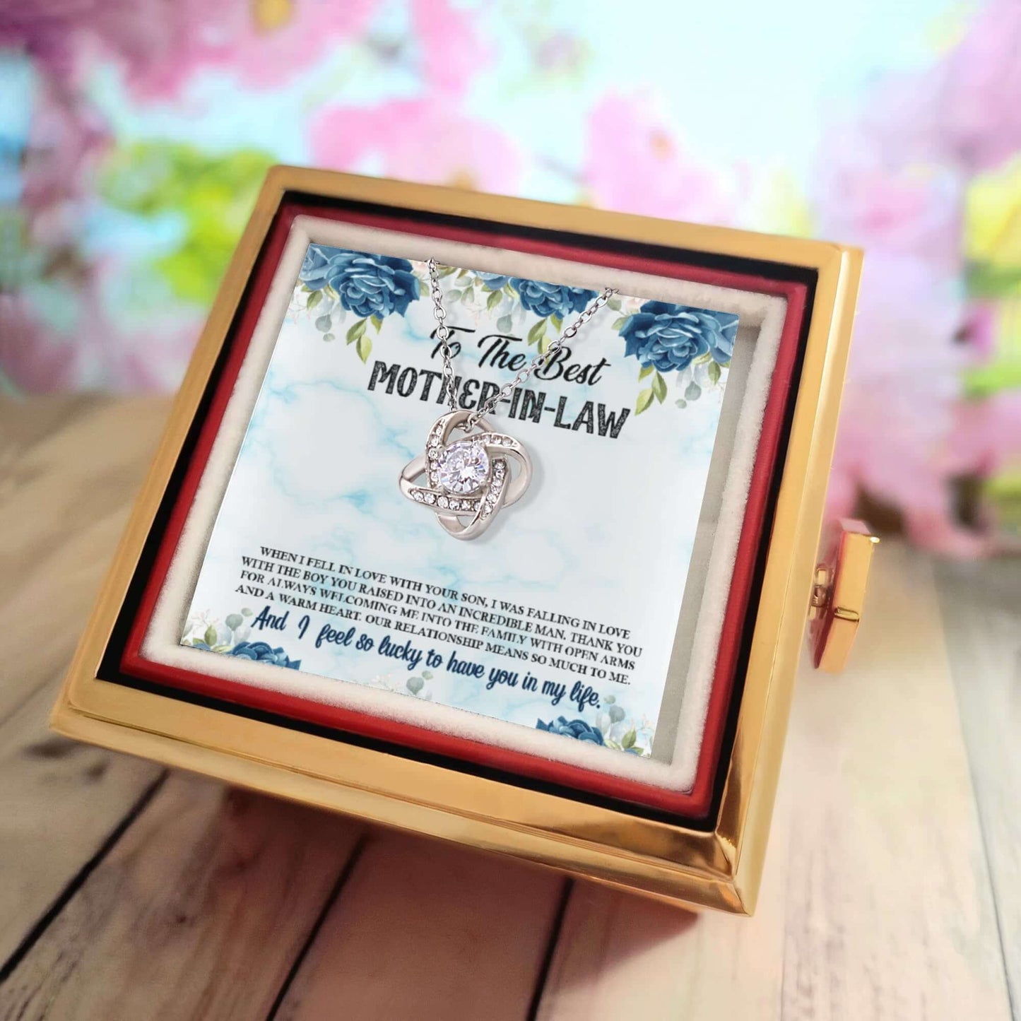 Love Knot Necklace for the best mother-in-law, presented in a beautiful box with a heartfelt message.