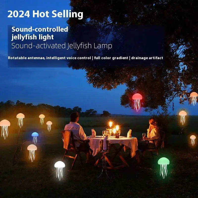 Sound-activated jellyfish light creating a relaxing atmosphere outdoors, perfect for mood enhancement and decor.