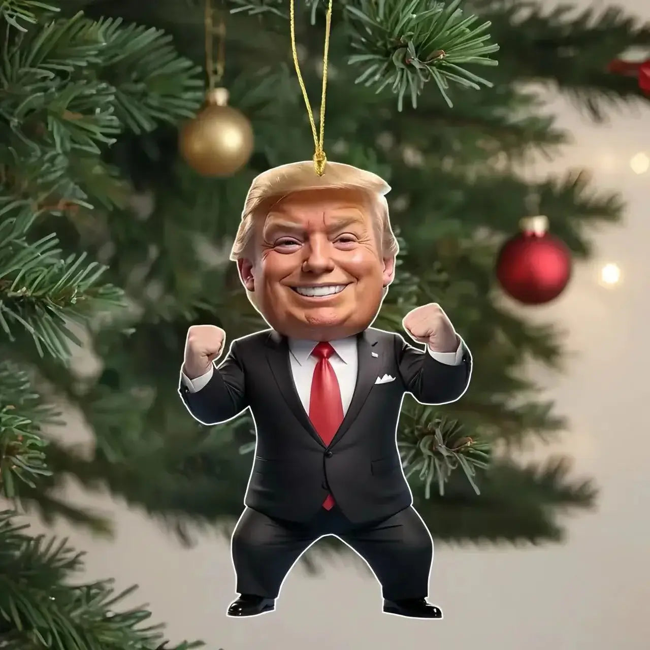 Funny cartoon Christmas ornament of a man in a suit hanging on a festive tree with colorful decorations.