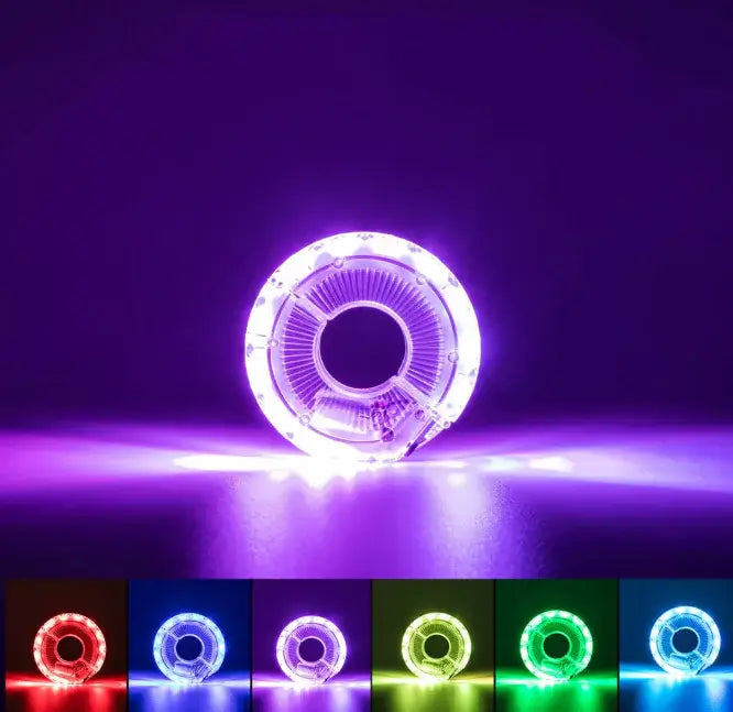 Colorful LED bike light with vibrant illumination effects, featuring multiple colors for enhanced visibility and safety.