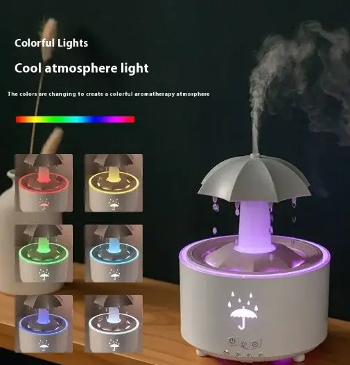 Colorful rotating aroma humidifier with atmospheric light and essential oil use for relaxation and creativity.