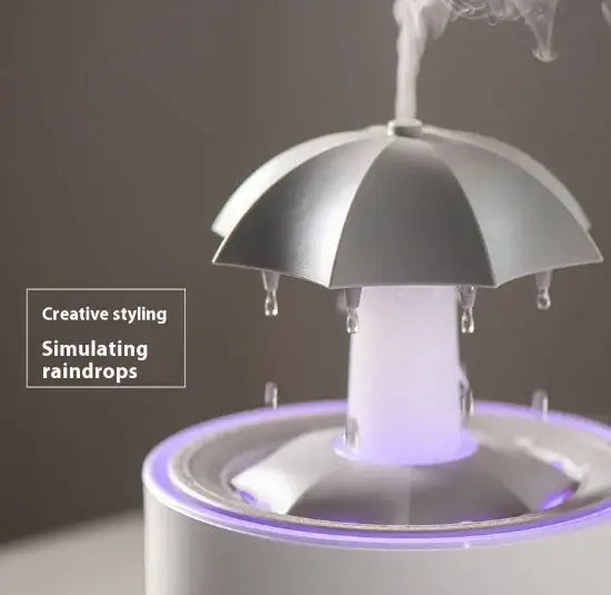 Sleek humidifier with raindrop simulation, featuring a unique umbrella design and soothing aromatherapy effects.