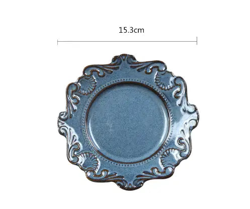 Elegant blue Baroque porcelain plate with intricate design, 15.3cm diameter, perfect for upscale dining experiences.