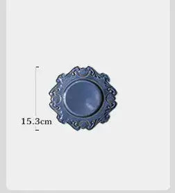 Baroque-style blue porcelain plate with intricate detailing, 15.3cm diameter, perfect for elegant dining experiences.