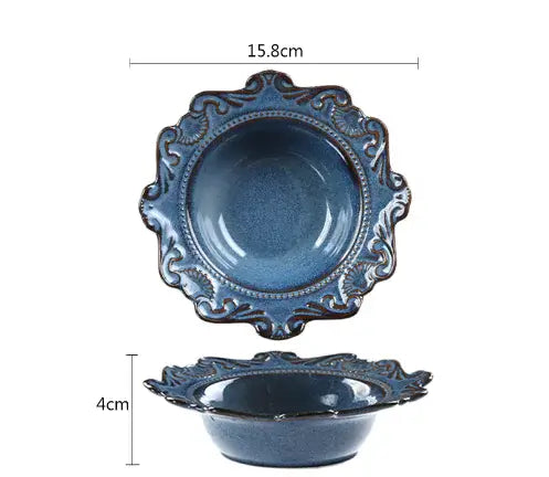 Elegant Baroque blue porcelain bowl set, showcasing unique shape and intricate detailing, perfect for stylish dining.