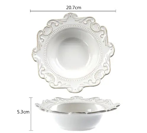 Elegant Baroque porcelain bowl with intricate design, 20.7cm diameter and 5.3cm height, perfect for dining.