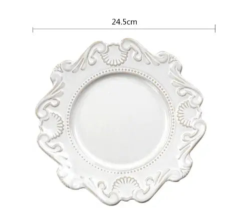 Elegant white Baroque-style plate, 24.5cm diameter, featuring intricate detailing and irregular shape for a stunning dining experience.