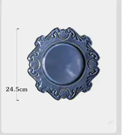 Elegant blue Baroque-style plate, 24.5cm, featuring intricate design and unique shape for refined dining experience.