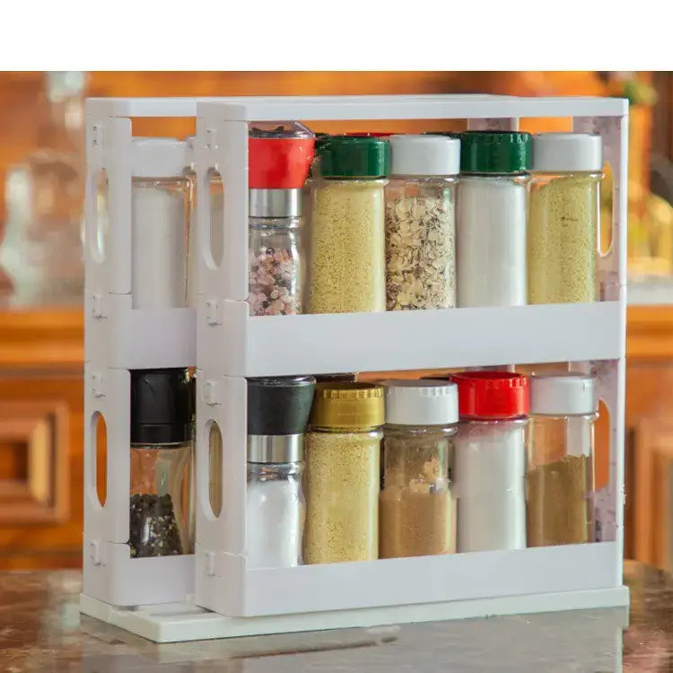 Elegant European style rotating spice rack in white, featuring organized spice jars for modern kitchen storage.