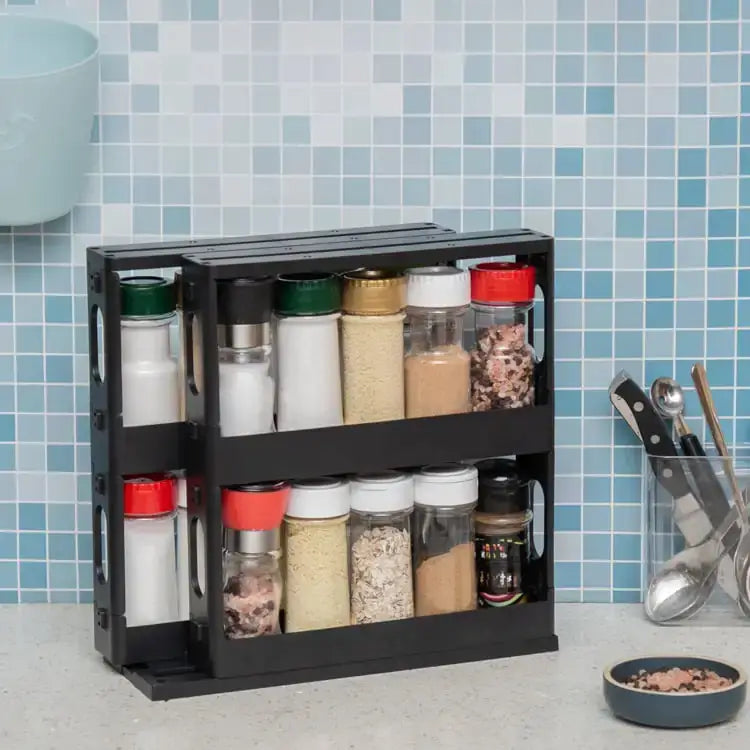 European style rotating spice rack with various spice jars, enhancing kitchen organization and decor.