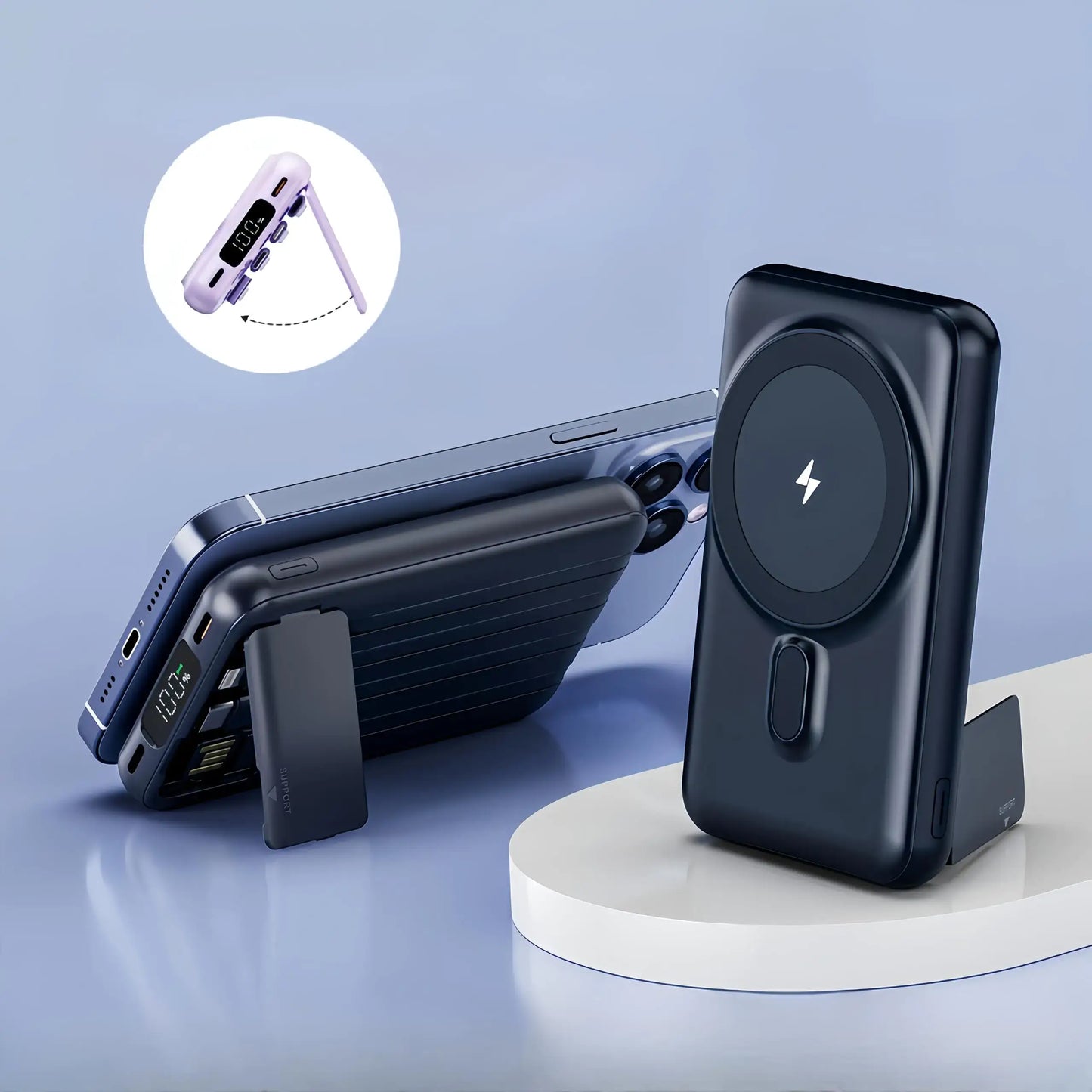 RCHL 10000mAh MagSafe charger with LED display supporting multiple cables, charging a smartphone.