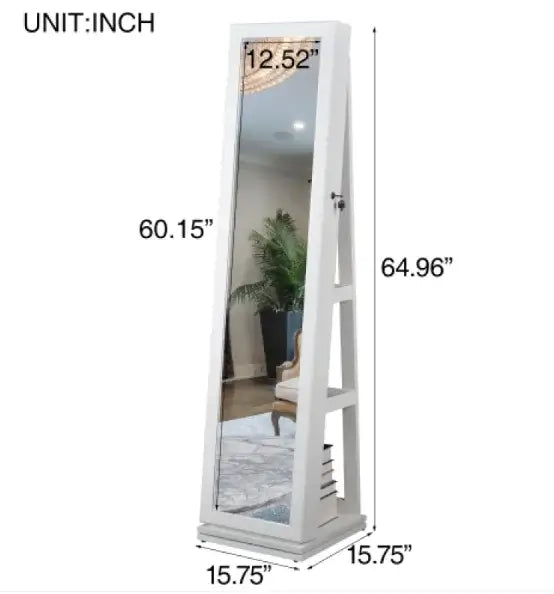 Swivel Jewelry Showcase Mirror dimensions: 60.15" height, 15.75" width, 12.52" depth with a stylish full-body design.