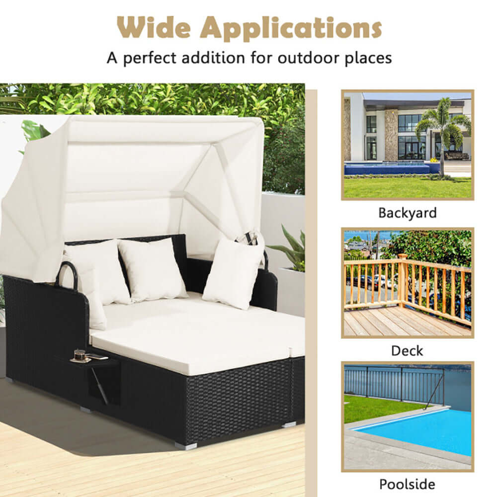 Patio rattan daybed with retractable canopy, suitable for backyard, deck, and poolside use.