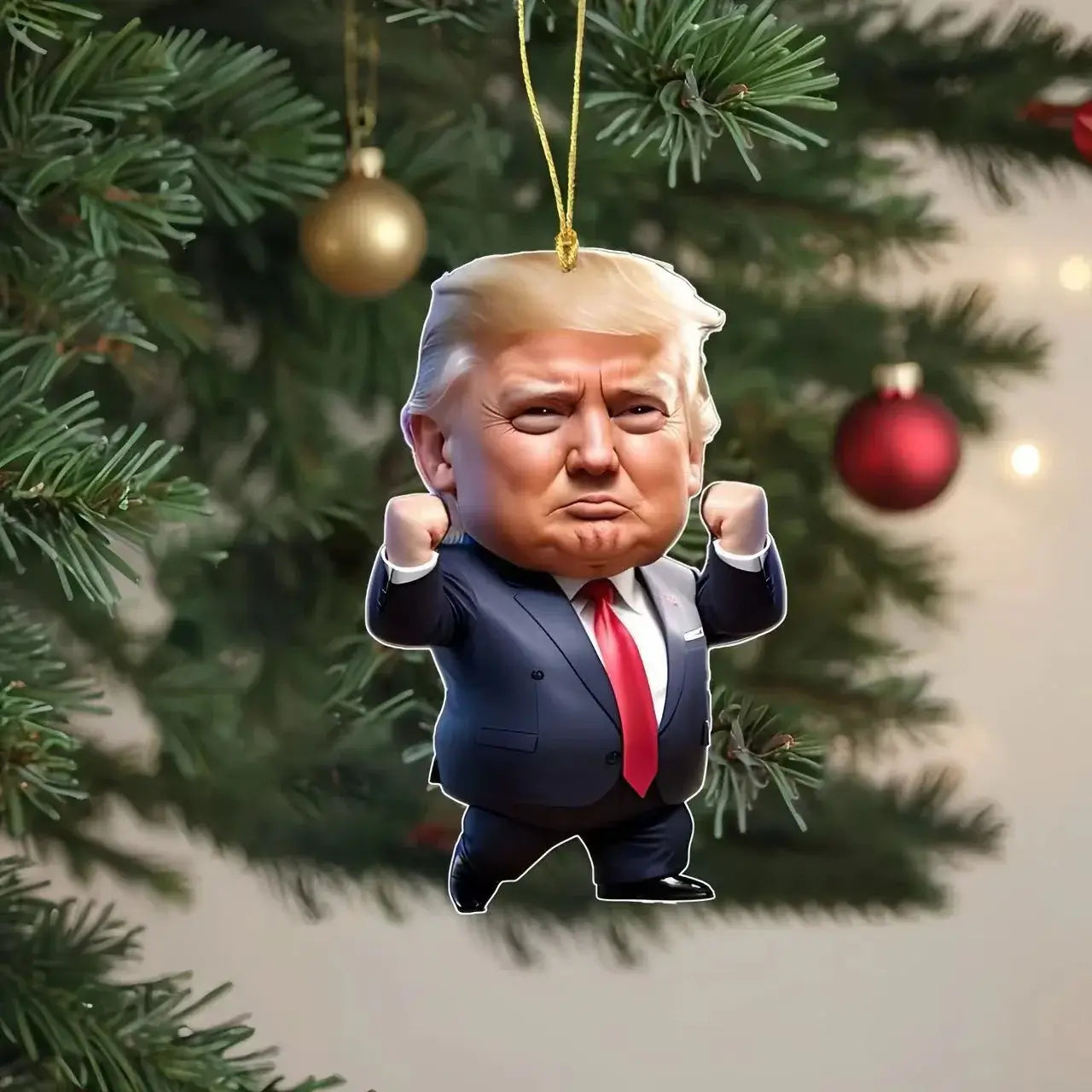 Cartoon-style ornament of a businessman figure wearing a suit, hanging on a Christmas tree, festive decor.