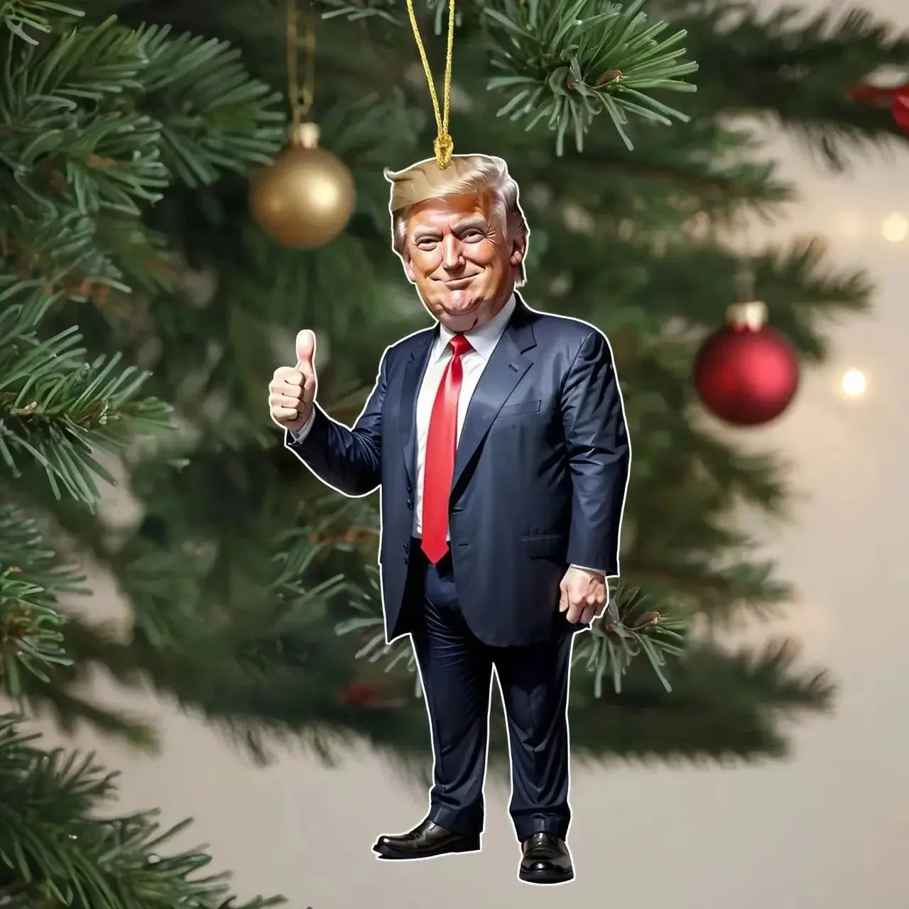 Christmas ornament featuring a cartoon character in a suit with a thumbs up gesture amidst holiday decorations.