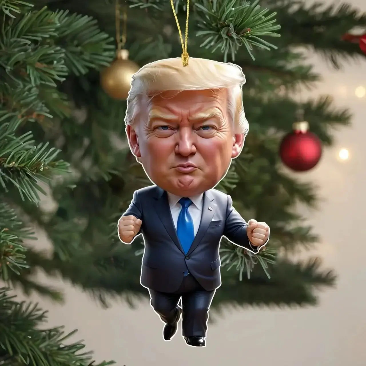 Humorous Christmas ornament featuring a caricature of a suited man with blond hair, hanging on a holiday tree.