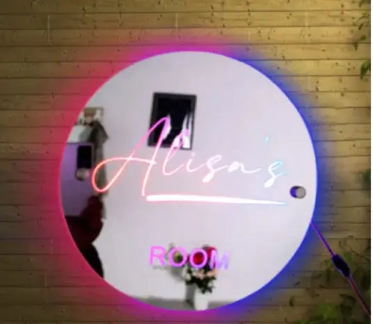 Customizable LED Glow Mirror in Alisa's Room with a vibrant light-up design for personalized decor.