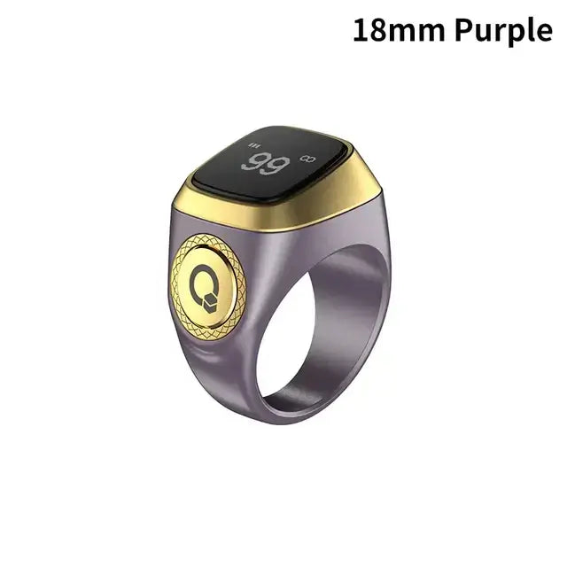 18mm purple digital dhikr smart ring with gold accents and display for tracking tasbih.