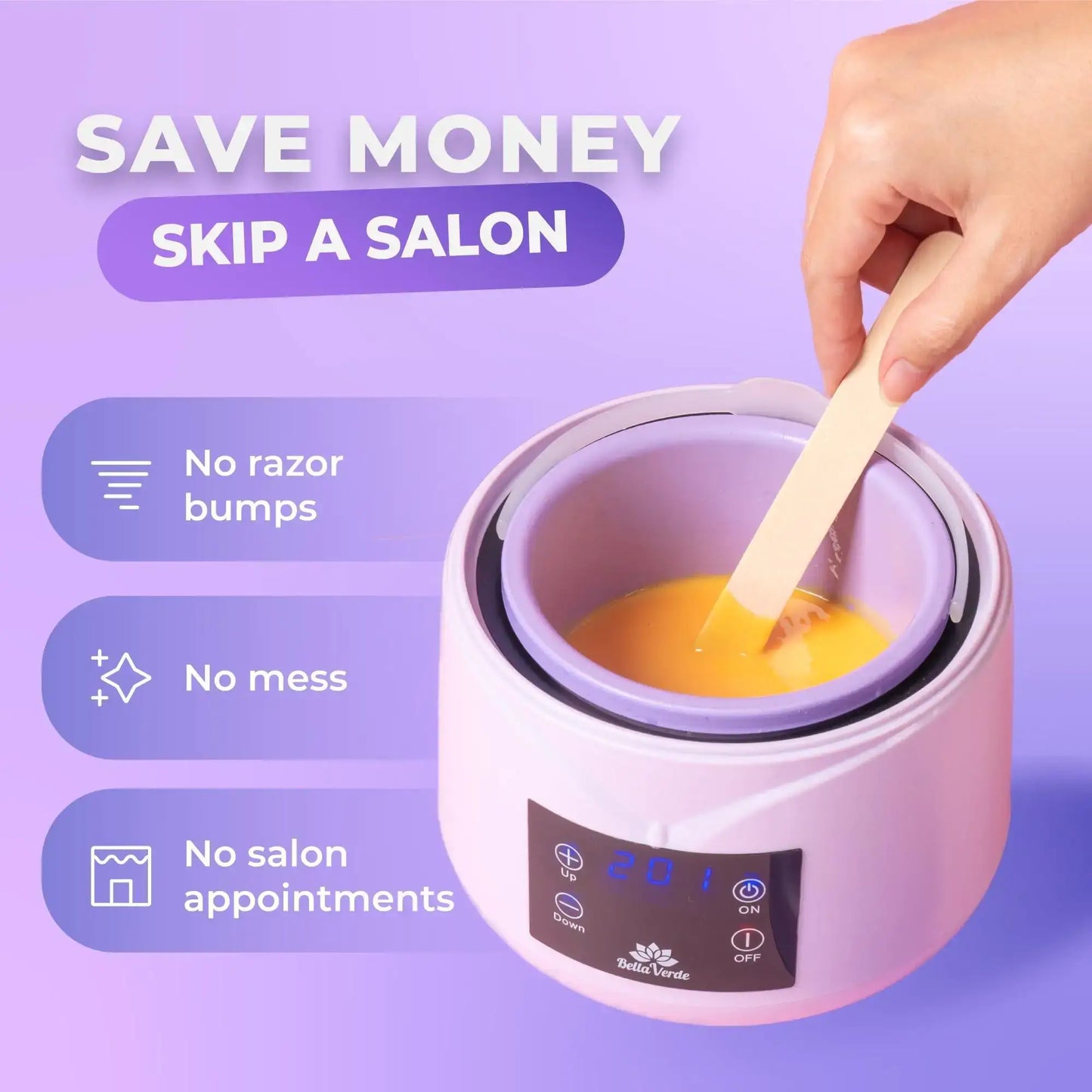 Hard wax warmer for hair removal, promoting convenience and cost savings. Highlights no salon visits, no mess, and no razor bumps.