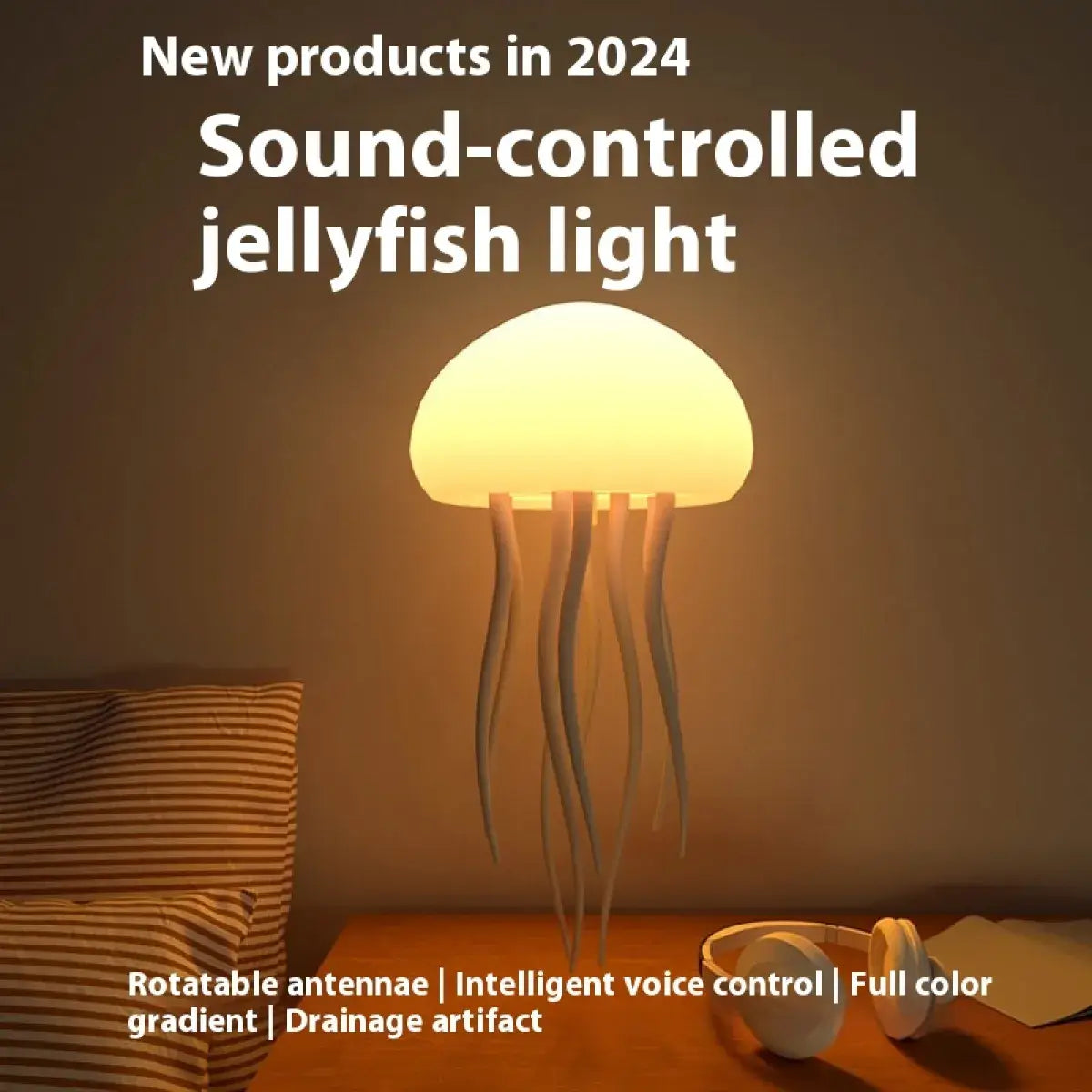 AquaGlow sound-controlled jellyfish light with vibrant colors, rotatable antennae, and intelligent voice control features.