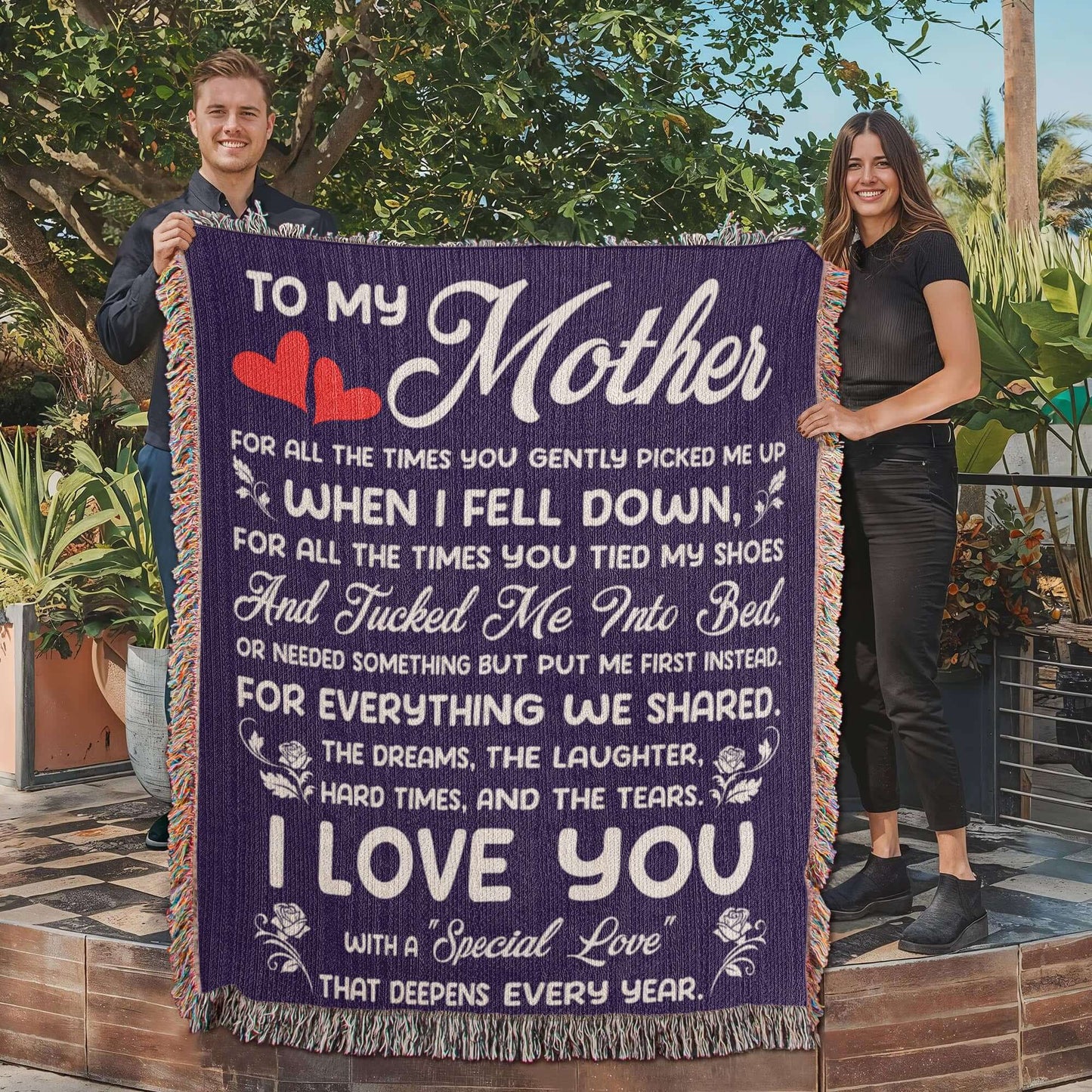 Heirloom Artwork Woven Blanket with heartfelt message for Mother, ideal keepsake gift for special occasions.