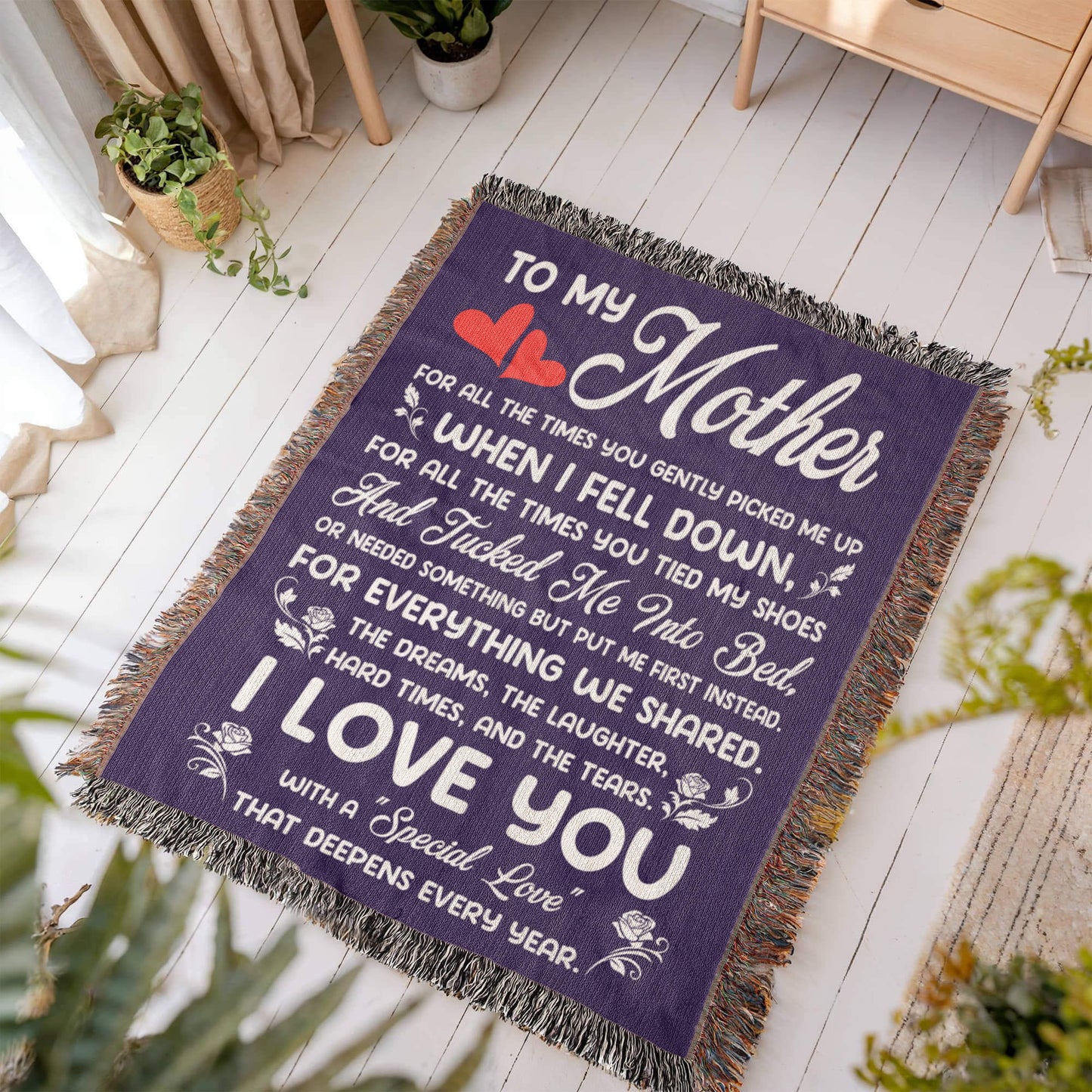 Heirloom blanket with heartfelt message for mother, woven with love and 100% cotton, perfect gift for special occasions.