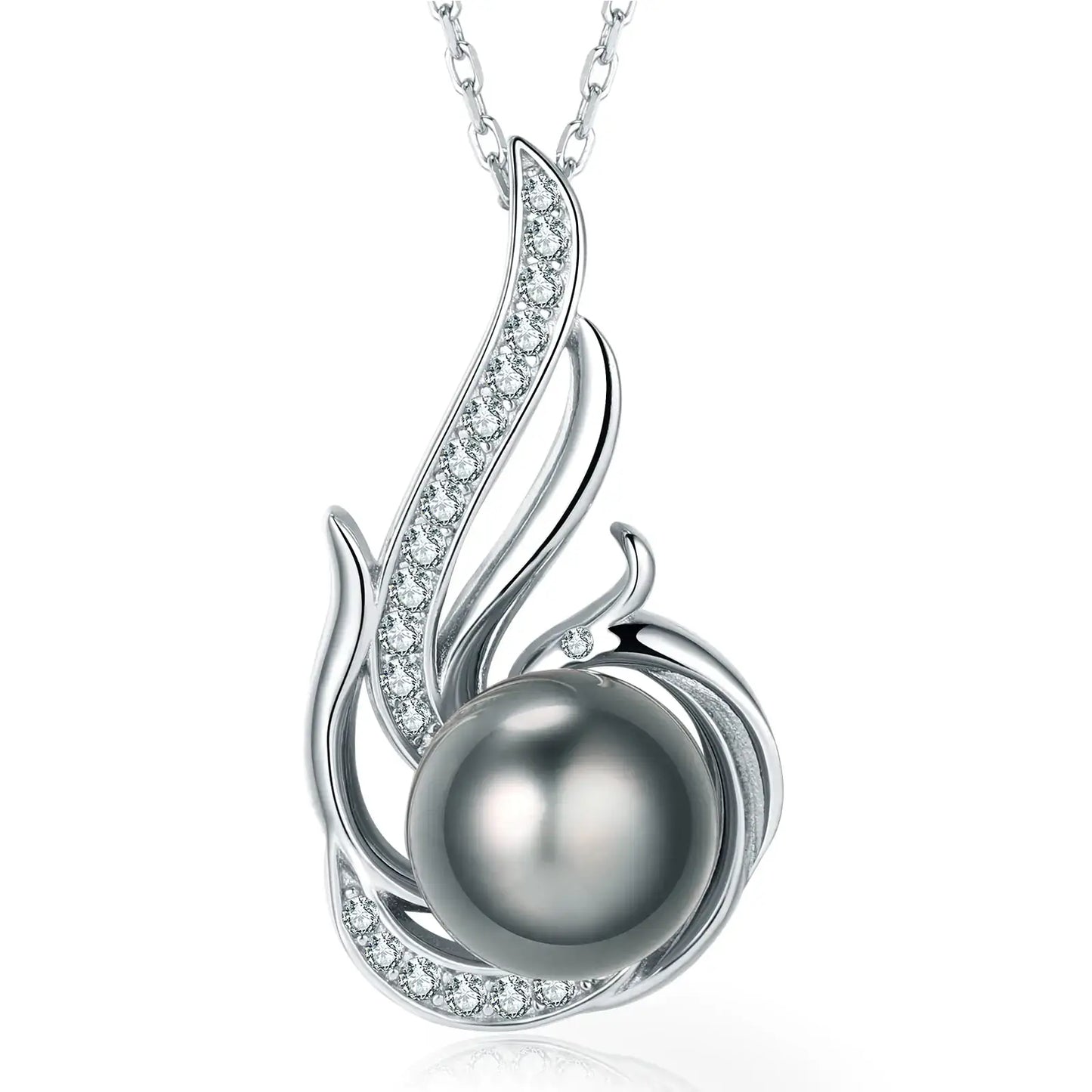 Elegant pearl pendant necklace with silver accents and diamonds, perfect for gifts or special occasions.