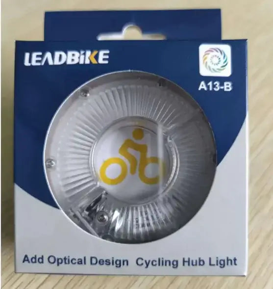 LEADBIKE cycling hub light packaging showcasing its optical design and bike imagery.