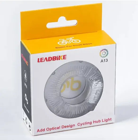 LEADBIKE cycling hub light packaging, designed for small bikes with optical features for visibility.