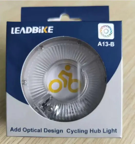 LEADBIKE A13-B Cycling Hub Light in packaging, showcasing optical design for enhanced visibility while cycling.