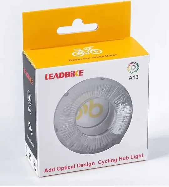 LEADBIKE cycling hub light packaging showcasing optical design for added visibility and safety during rides.