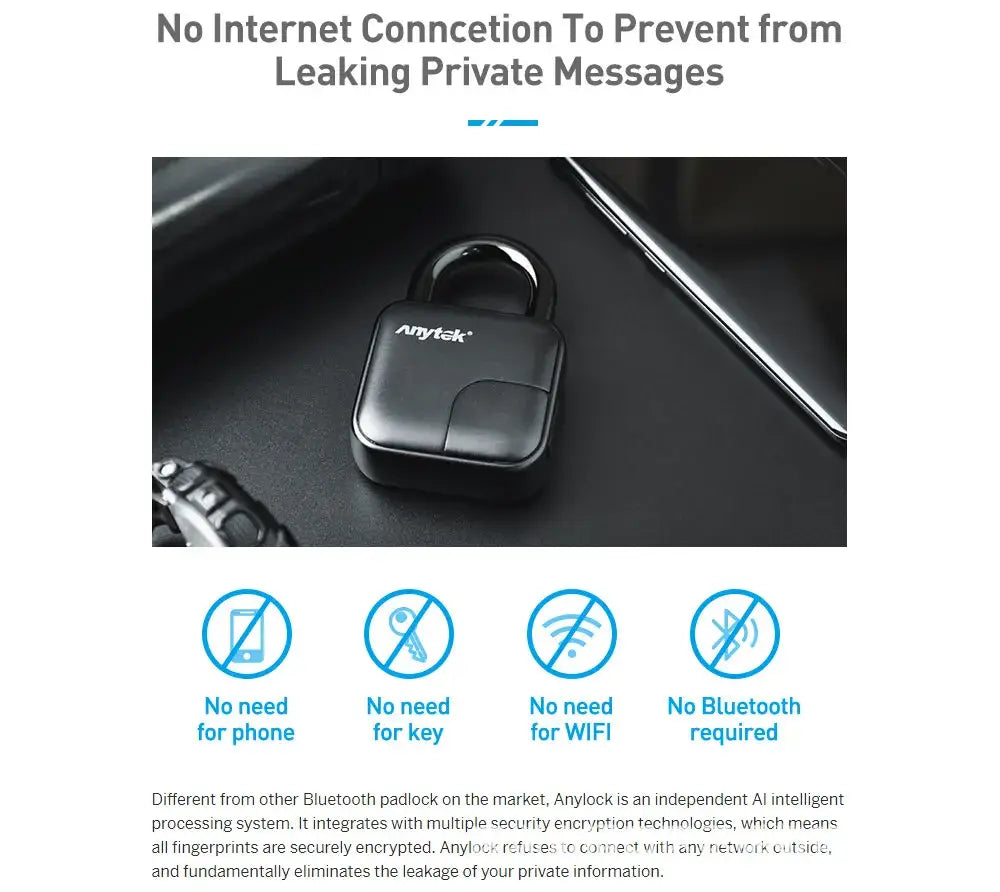 Anytek Bluetooth padlock with no Internet, phone, or key needed for secure access.