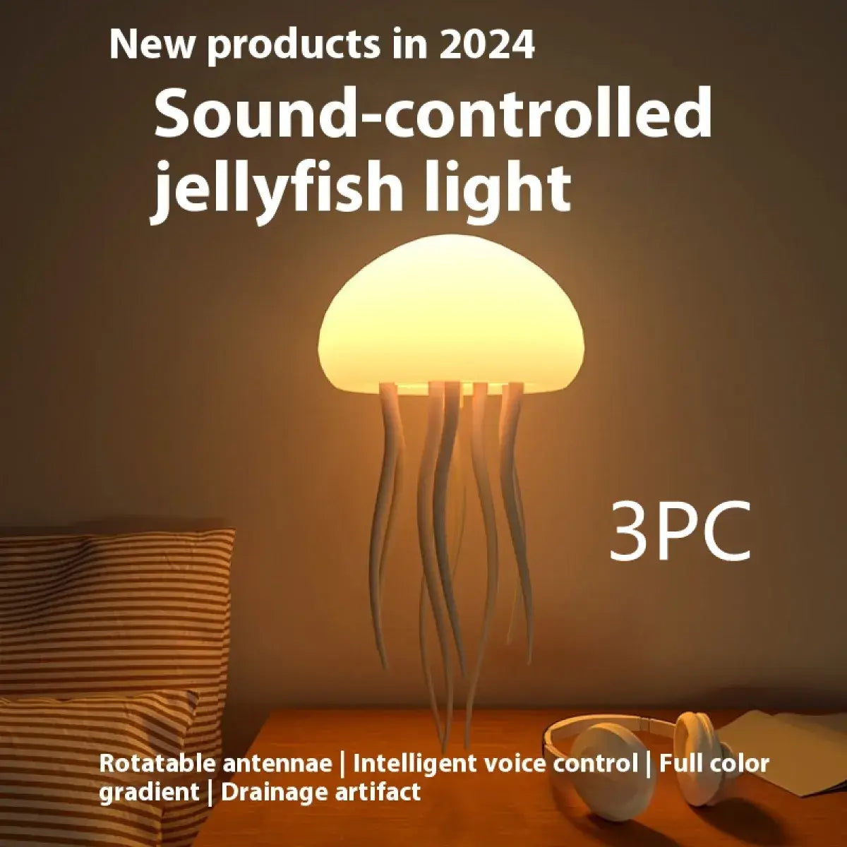 Sound-controlled jellyfish light with rotatable antennae, intelligent voice control, and full color gradient for ambiance.