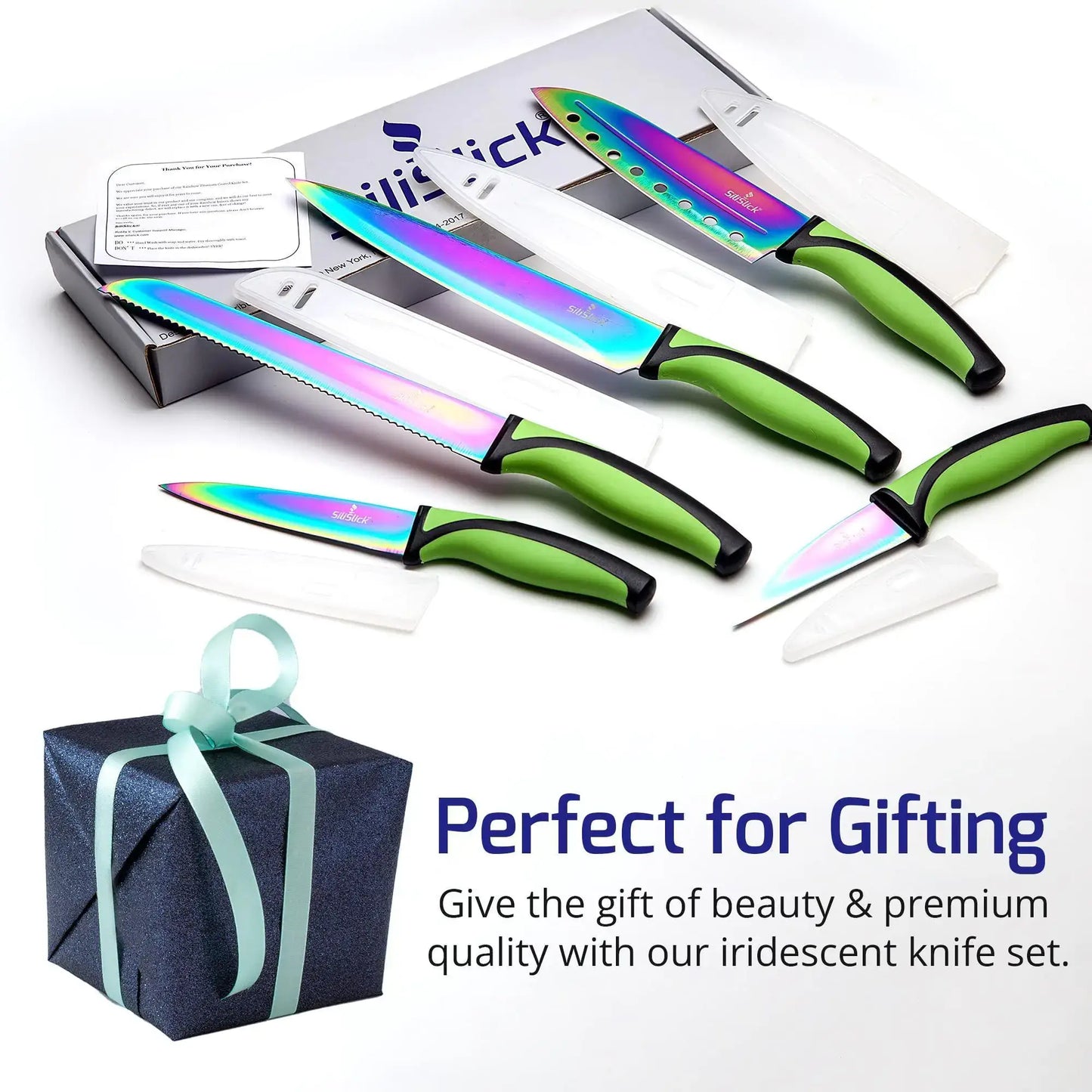 Colorful 5-piece kitchen knife set displayed with a gift box, showcasing premium quality and beauty.