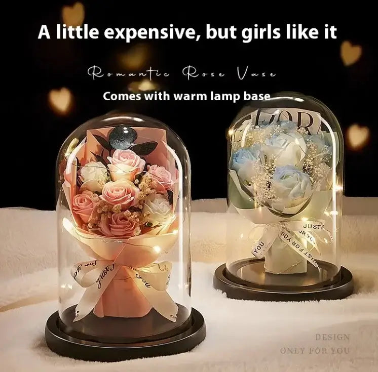 Elegant romantic rose vase display with soft LED lights, featuring dried flowers in glass dome, perfect for gifts.